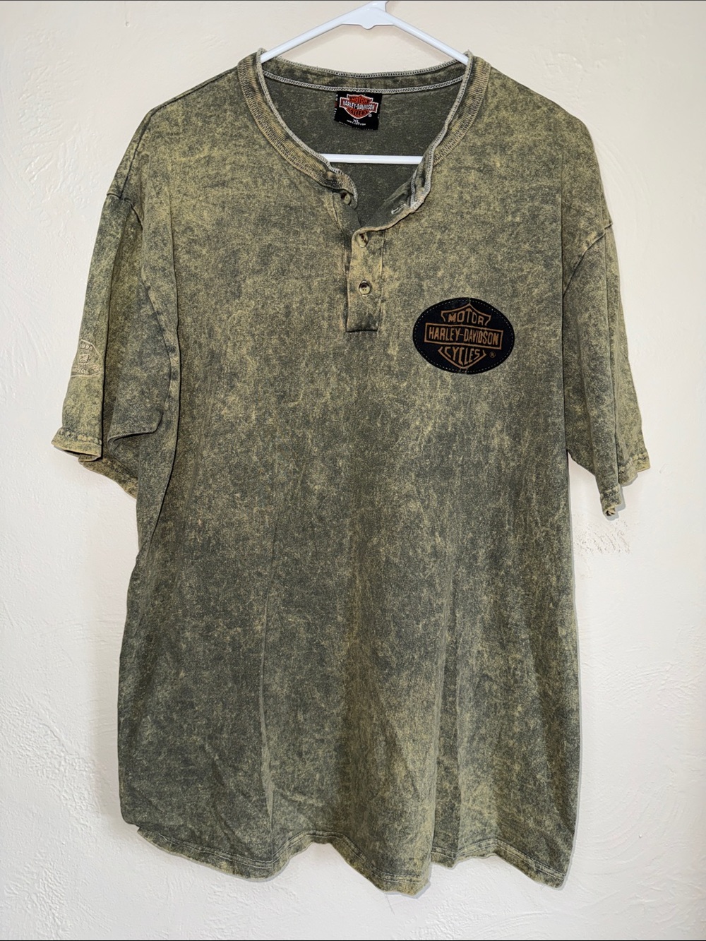 Harley Davidson XL Olive Green Mineral‎ Wash Henley Shirt Acid Wash Biker Tee